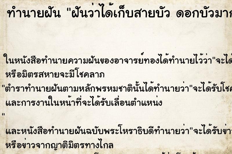 ทำนายฝันทำนายฝันฝันว่าได้เก็บสายบัวดอกบัวมากมาย